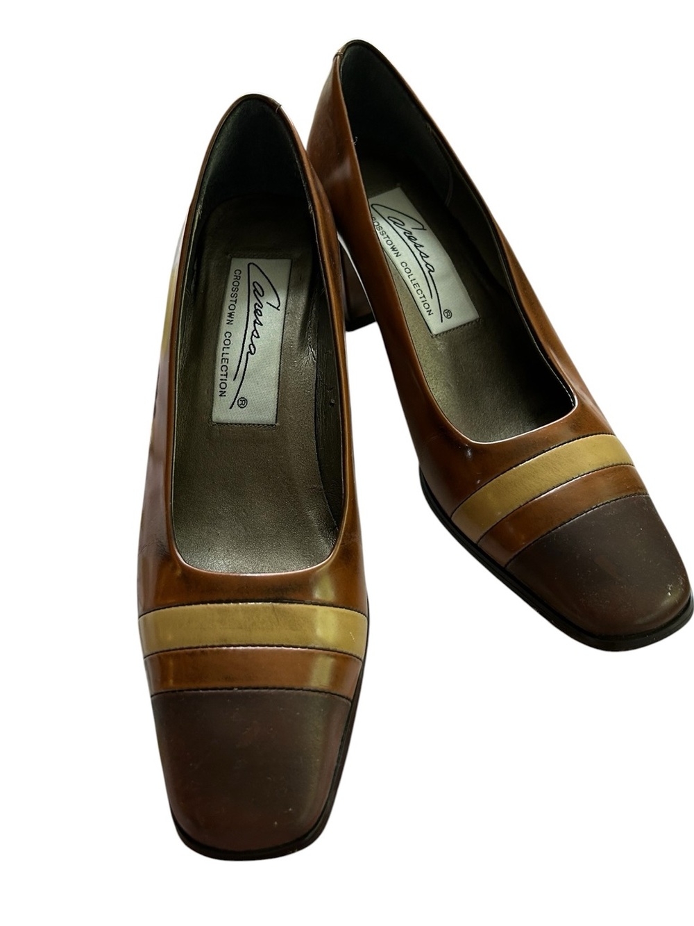 Caressa Crosstown Collection Tri-Tone Brown Leather Block Heel Pumps